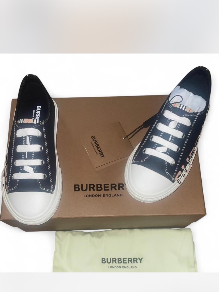 Burberry Navy And White Check-Accent Low-Top Sneakers